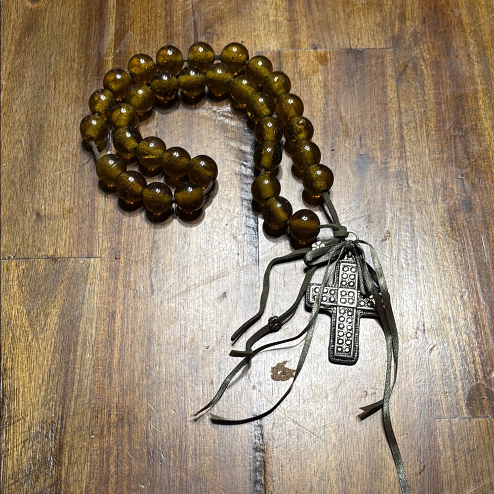Handblown glass Brown Beaded Necklace with Cross Pendant